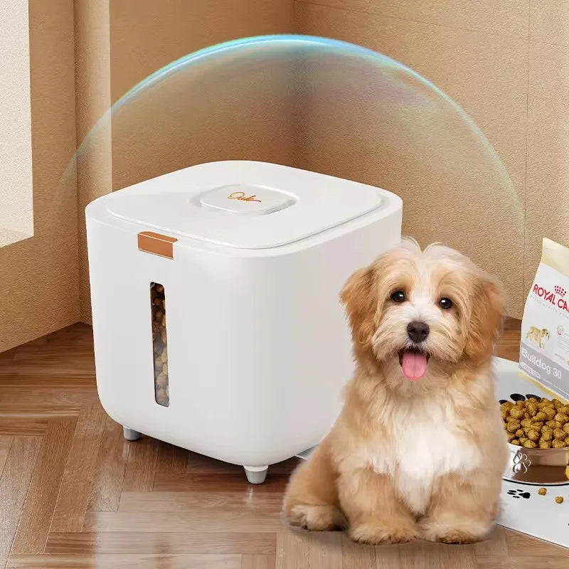White pet food storage barrel with window, designed for easy viewing and access, next to a cute dog