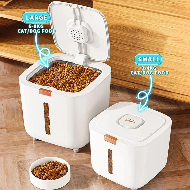Two Zoomies & Co pet food storage barrels with window for easy viewing, one large and one small