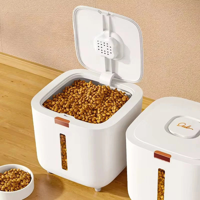 Zoomies & Co pet food storage barrel with window for easy viewing and access to pet food
