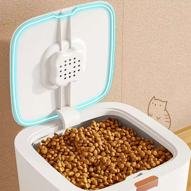 Modern pet food storage barrel with window, designed for easy access to dry pet food