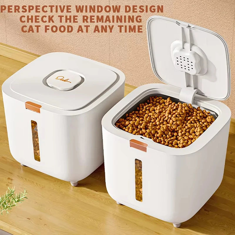 White pet food storage barrel with window for easy visibility of cat food levels