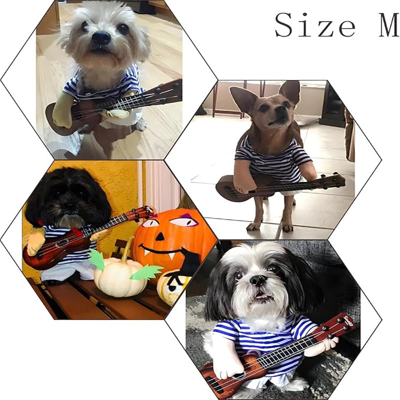 Four dogs wearing a pet guitar costume with striped shirts, posing with toy guitars for a fun photo