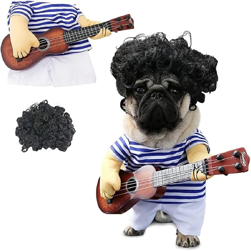 Adorable pet guitar costume featuring a pug in a striped shirt and curly wig playing a ukulele