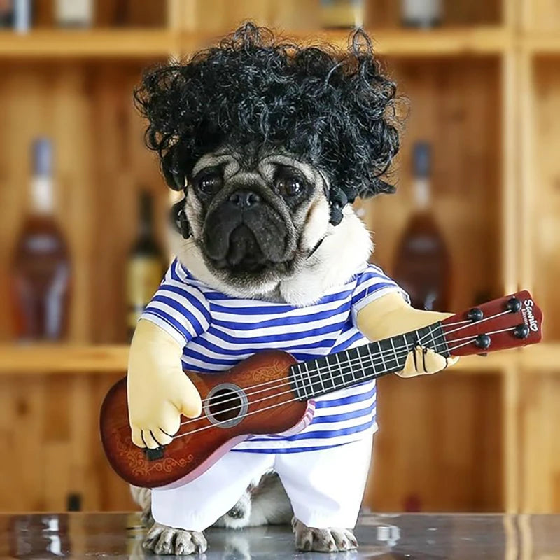 Funny pet guitar costume featuring a pug with a guitar and curly wig for playful pets