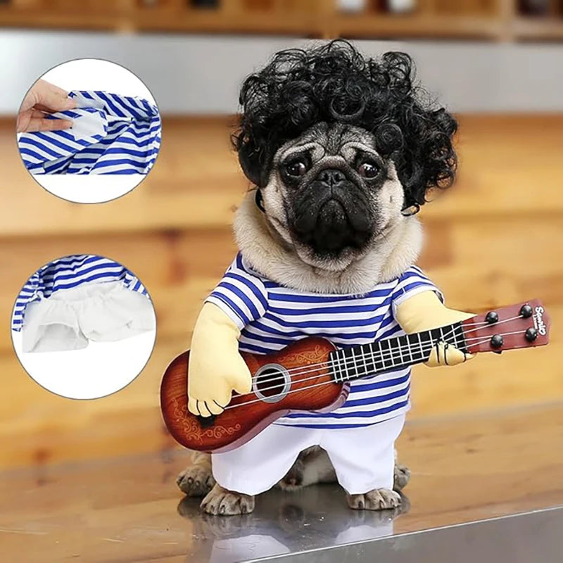 Adorable pug in a pet guitar costume with striped shirt and curly wig holding a mini guitar