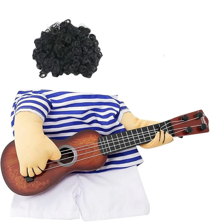 Funny pet guitar costume featuring a plush figure with curly hair and a ukulele