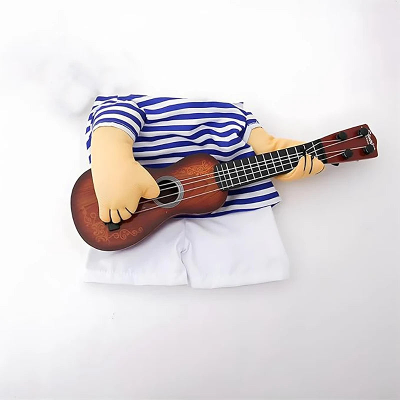Pet guitar costume featuring a striped shirt and a guitar, perfect for dress-up occasions