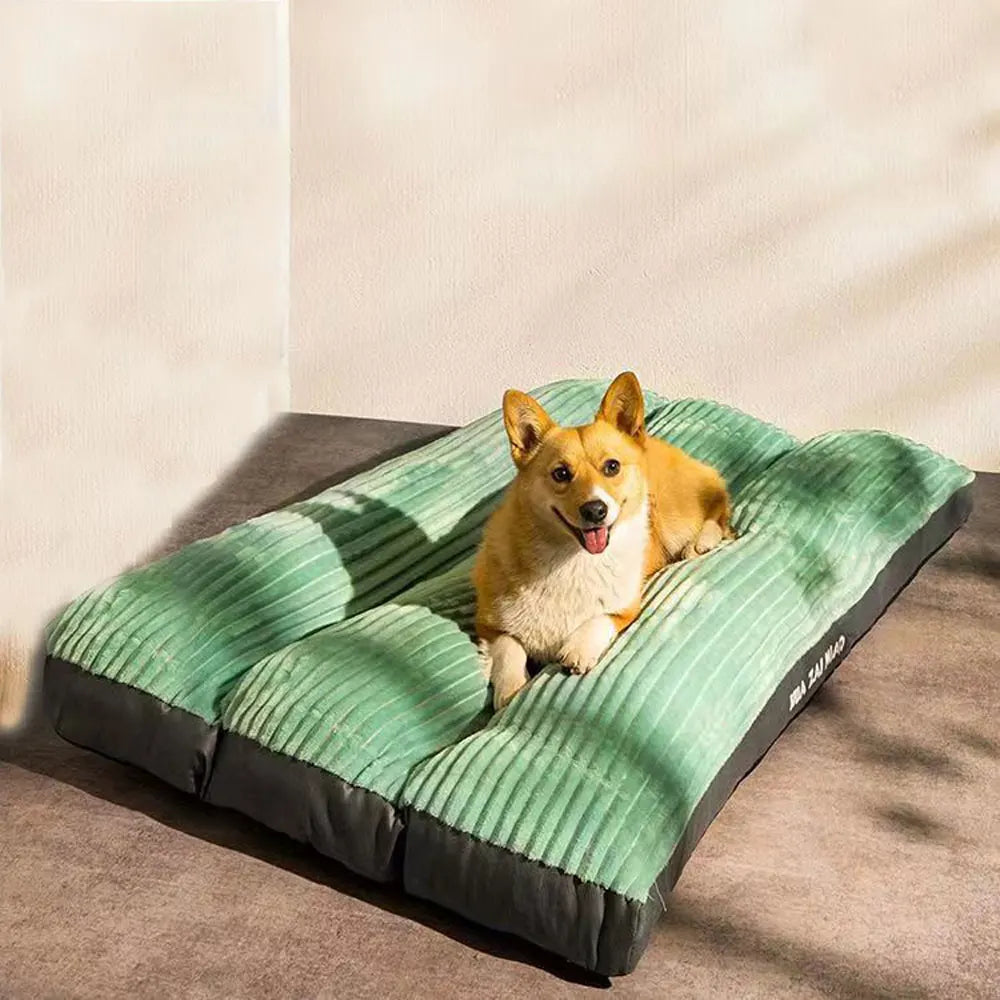 Comfortable anti-bite washable pet bed in green with a happy dog resting on it