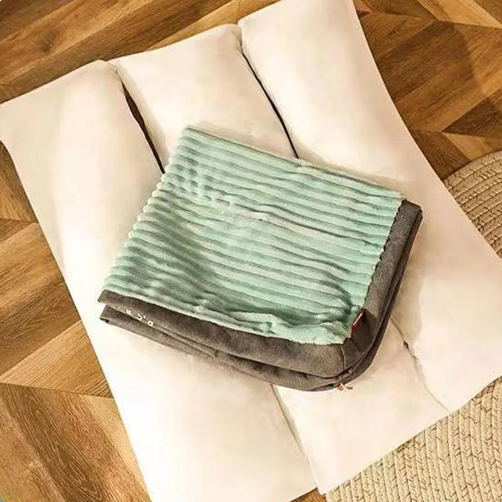 Cozy anti-bite washable pet bed in gray and teal, designed for comfortable pet lounging