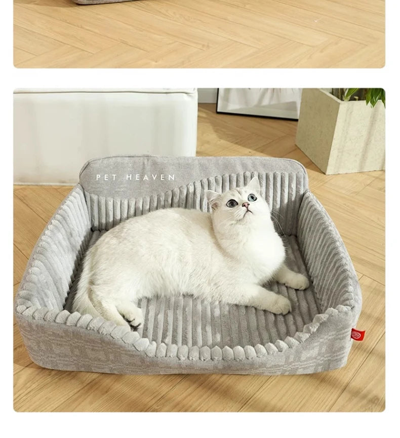 Cozy dog sofa bed for winter in soft gray fabric with plush ribbed design for pet comfort