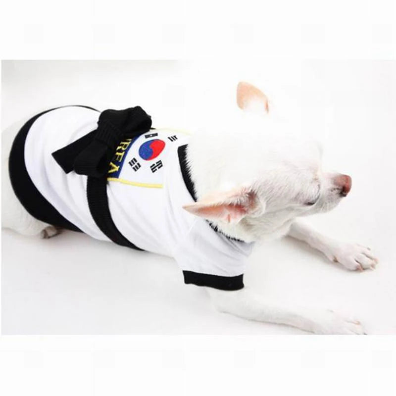 Pet karate costume Halloween for dogs featuring a white shirt and black belt for festive fun