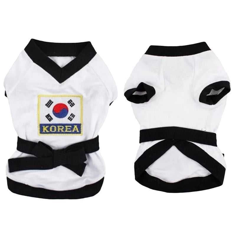 White pet karate costume Halloween with Korean flag design and black belt for festive dress-up