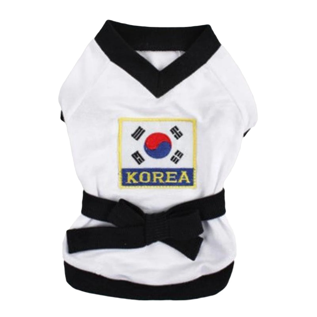 Pet karate costume Halloween featuring a white top with Korean flag embroidery and a black belt