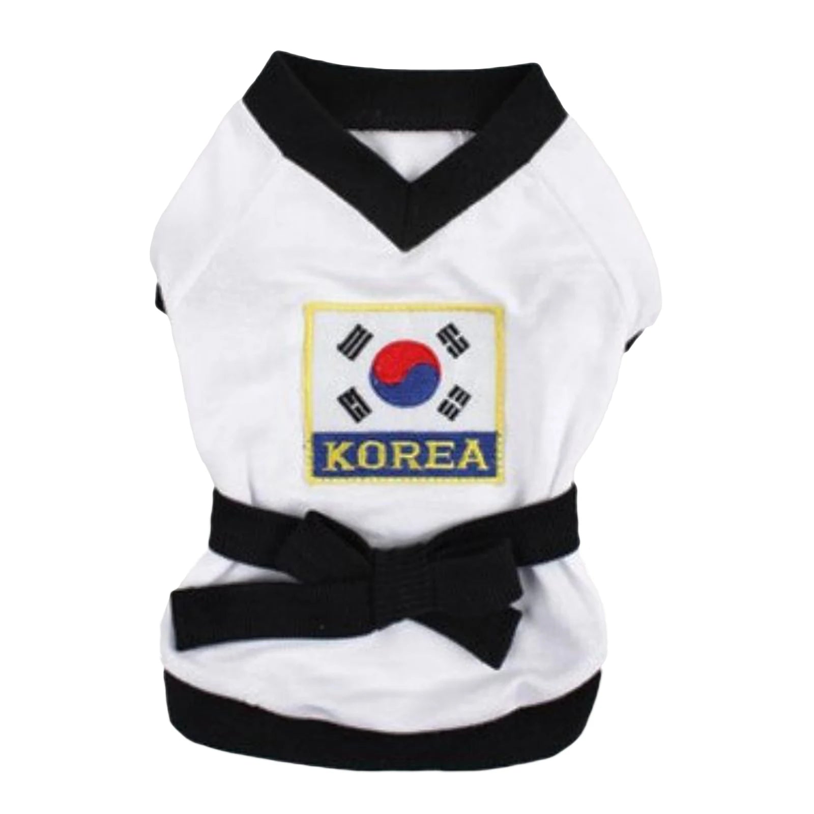 Pet karate costume Halloween featuring a white top with Korean flag embroidery and a black belt