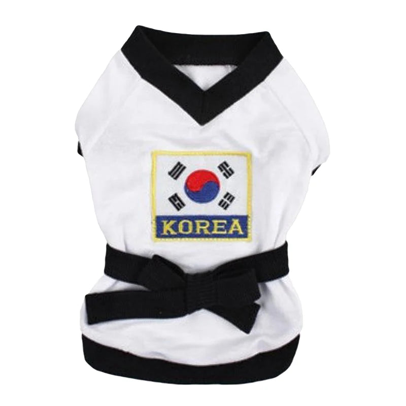 Pet karate costume Halloween featuring a white top with Korea flag and black belt for festive pet fun