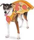 Cute dog wearing a pet pizza slice costume with pepperoni and mushroom details for Halloween fun