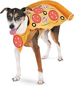 Cute dog wearing a pet pizza slice costume with pepperoni and mushroom details for Halloween fun