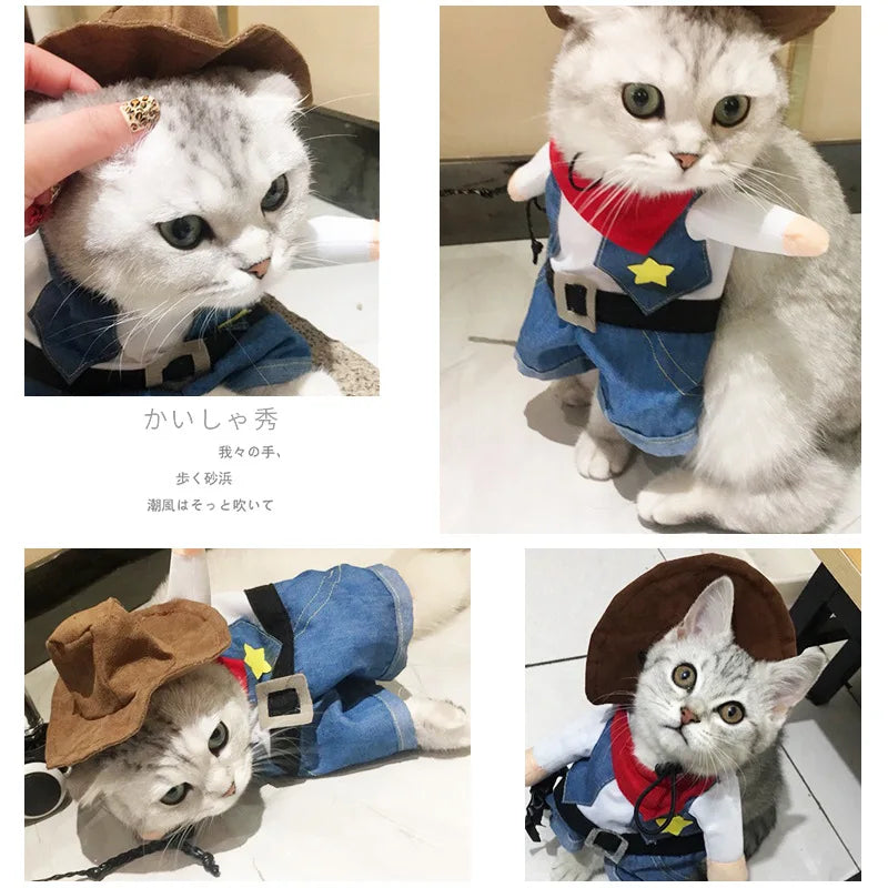 Adorable pet sheriff costume for cats and dogs featuring a fun cowboy outfit and hat
