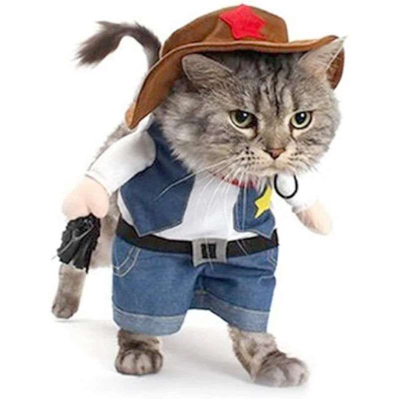 Pet sheriff costume for cats and dogs with denim shorts and cowboy hat for playful pets