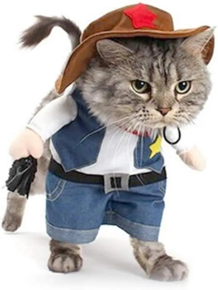 Adorable pet sheriff costume for cats and dogs featuring a sheriff hat and denim outfit