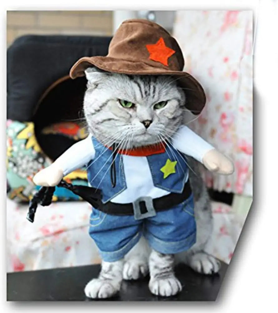 Pet sheriff costume for cats and dogs featuring a felt hat and denim outfit for playful pets