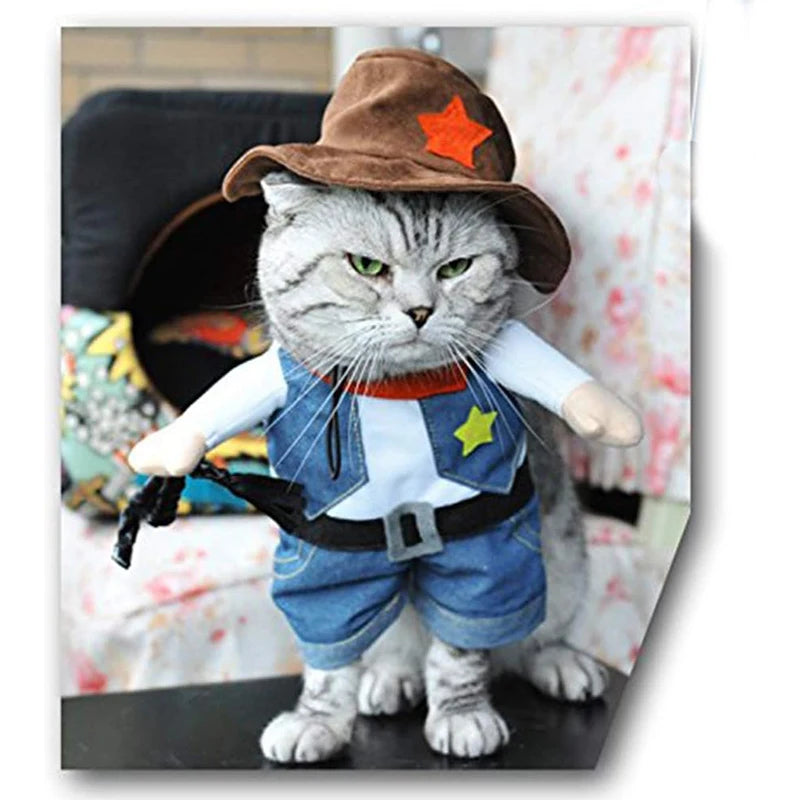 Adorable pet sheriff costume for cats and dogs featuring a cowboy hat and denim outfit