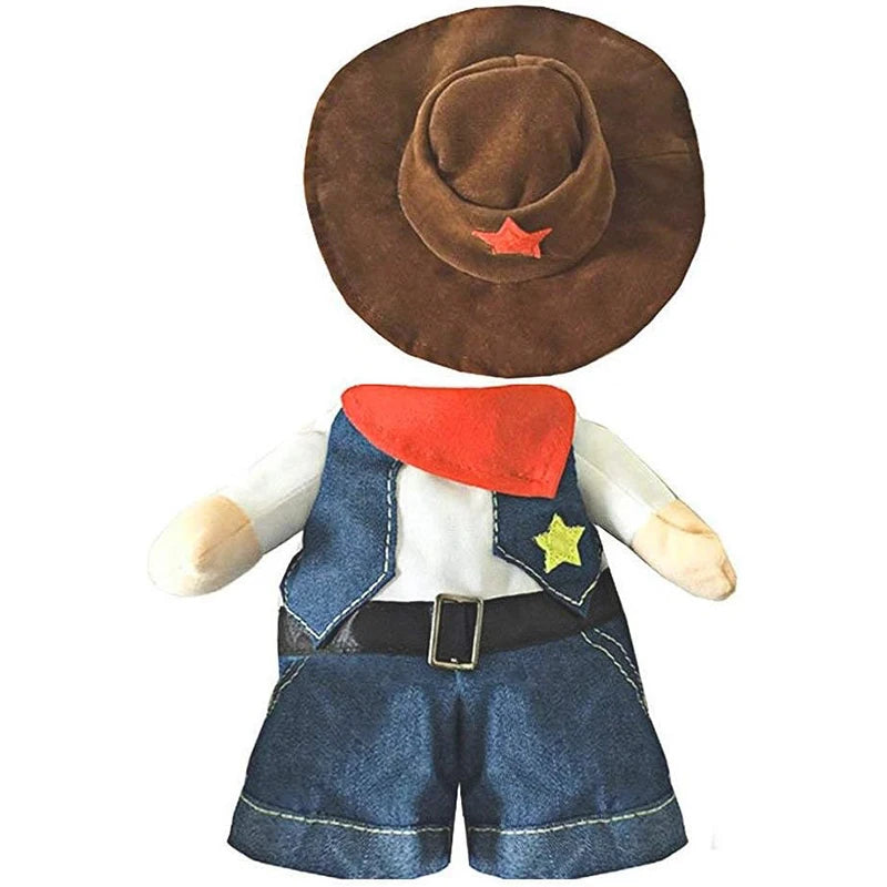 Pet sheriff costume for cats and dogs featuring a denim outfit and a cowboy hat