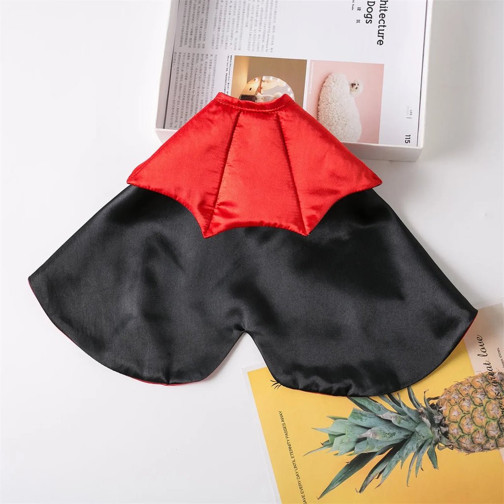 Pet vampire cloak for Halloween in black and red with dramatic collar design