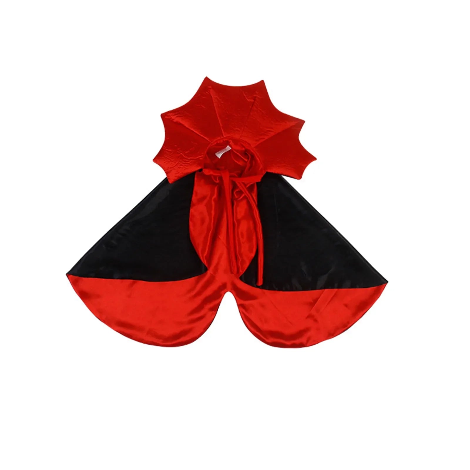 Red and black pet vampire cloak for Halloween with a spider web design and convenient tie closure