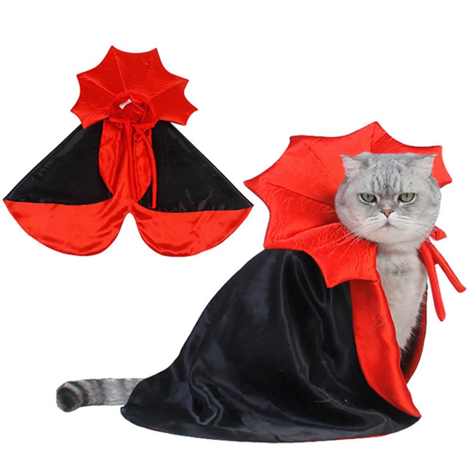 Pet vampire cloak for Halloween in red and black, perfect for dressing up pets during spooky festivities
