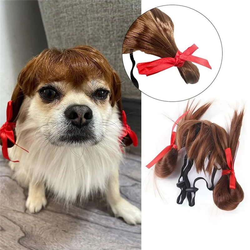 Adorable pet wig for Christmas holiday with brown hair and red ribbons perfect for festive photos