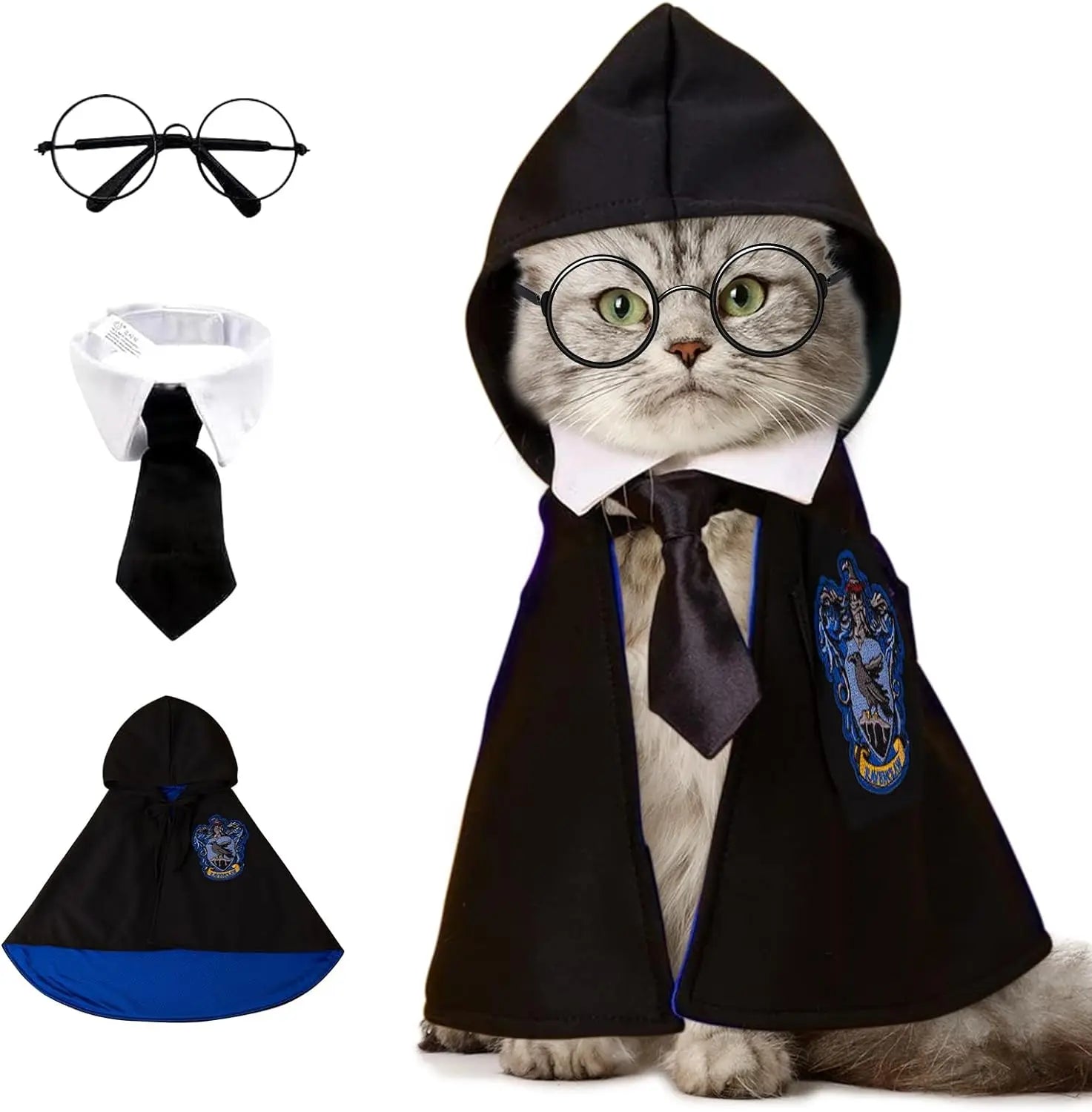 Cat wearing a pet wizard costume cloak with glasses, tie, and collar for a magical look