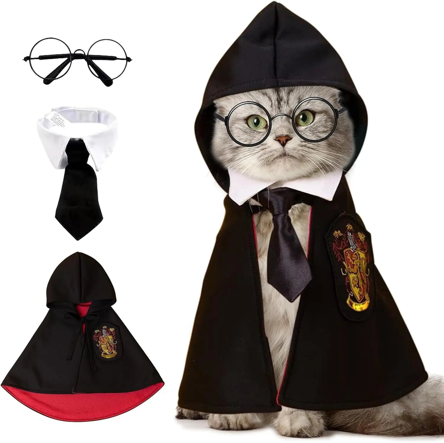 Pet wizard costume cloak for cats featuring a black cloak and tie, perfect for magical pets