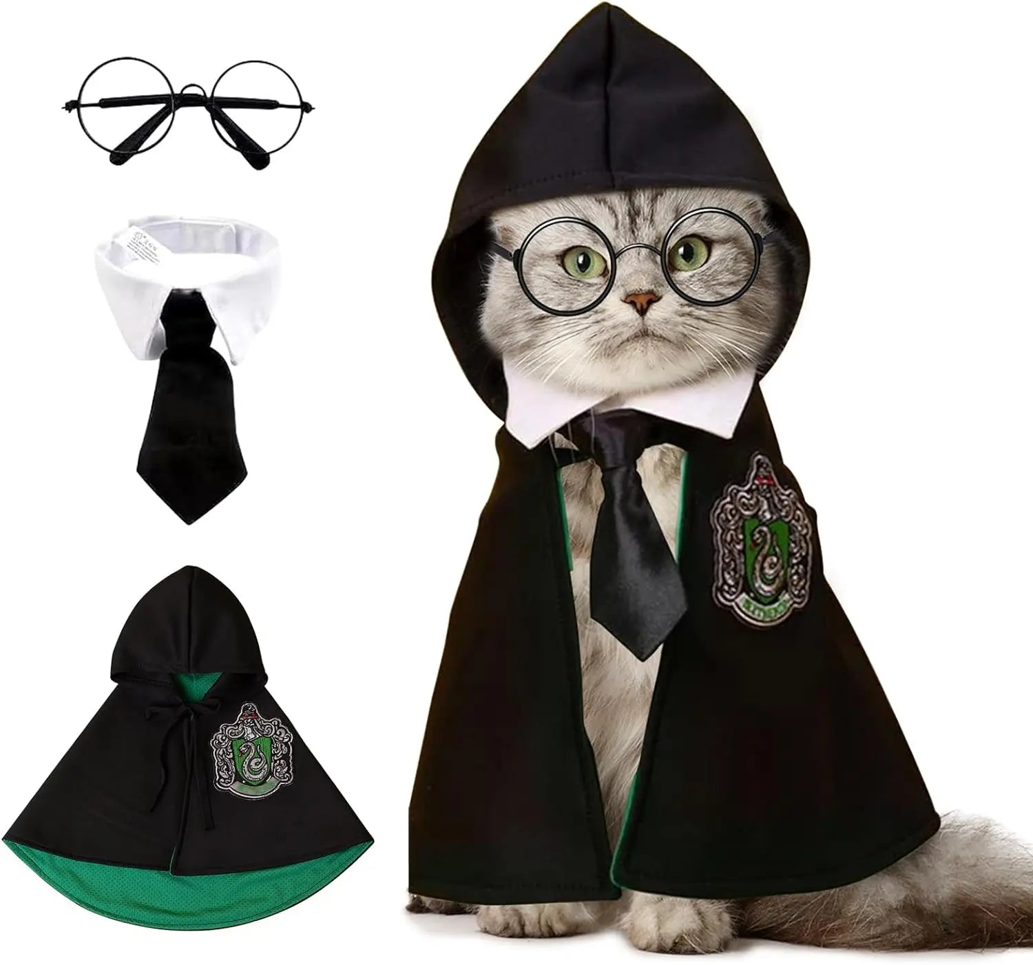 Adorable cat in a pet wizard costume cloak with glasses and tie for magical themed parties