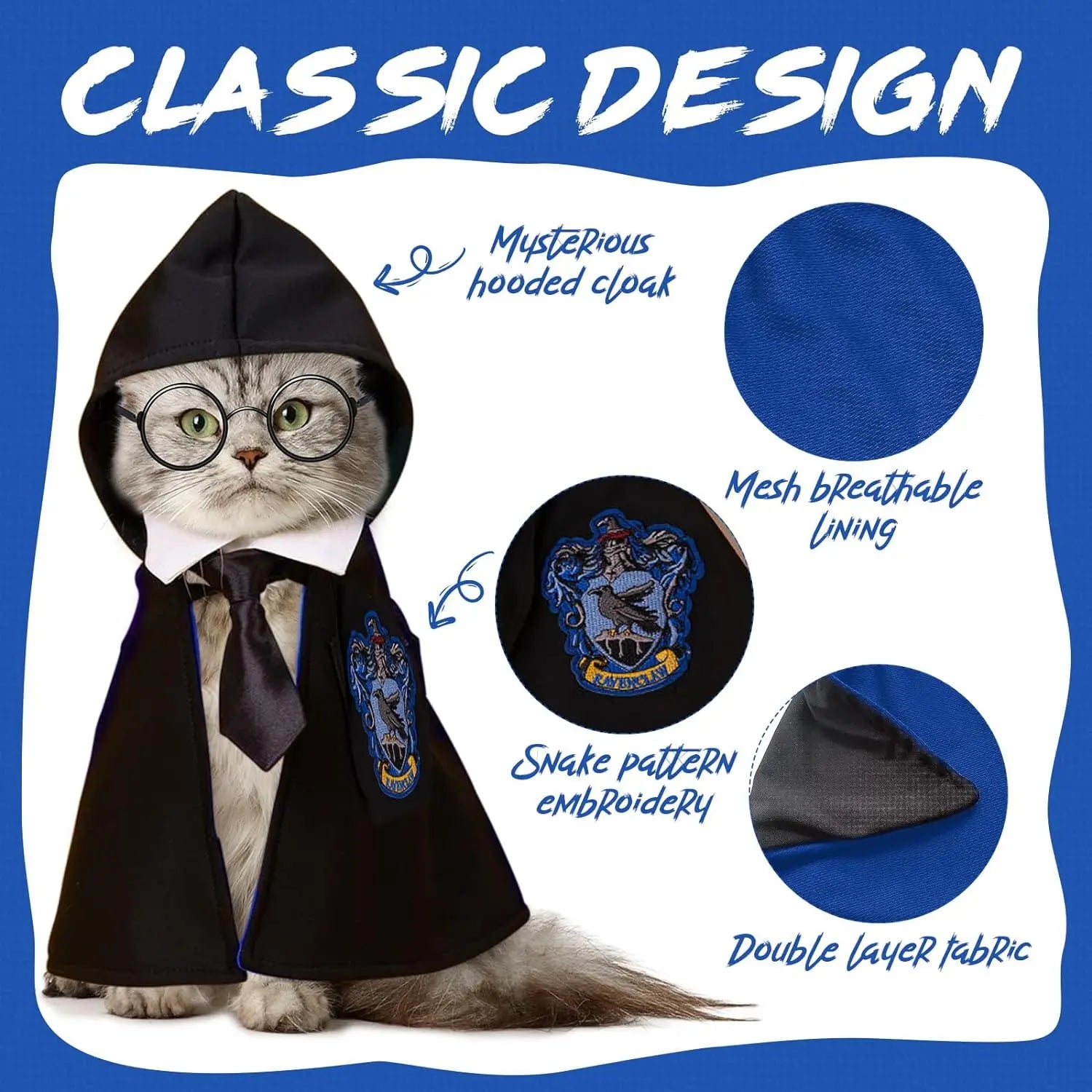 Pet wizard costume cloak featuring a hood, breathable lining, and snake pattern embroidery for stylish pets