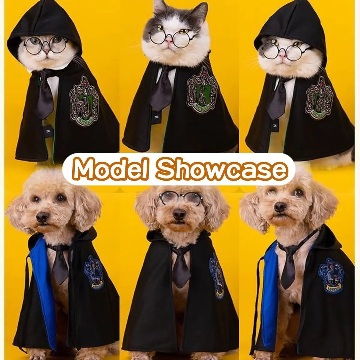 Adorable pets in a pet wizard costume cloak featuring charming designs and colors