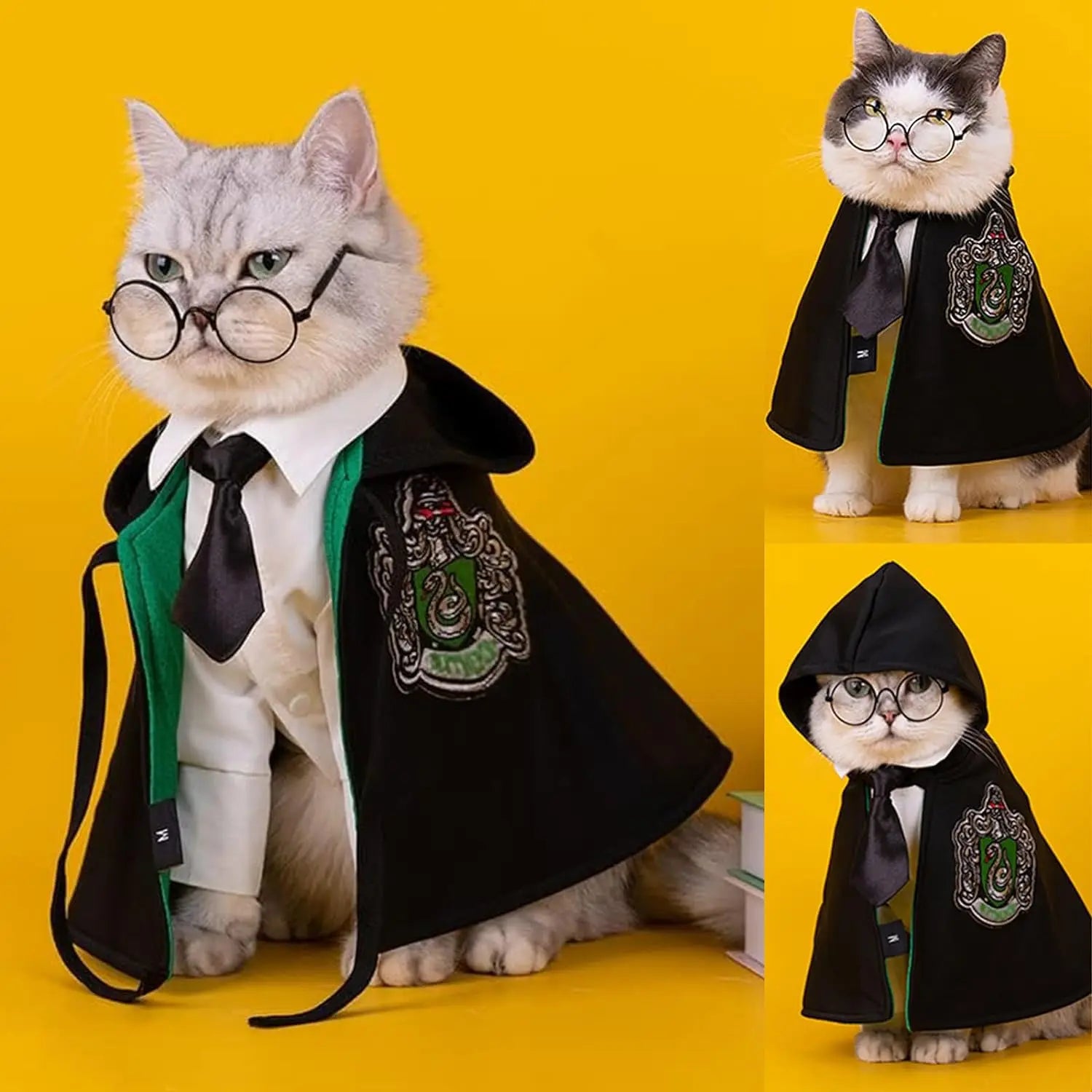 Pet wizard costume cloak for cats featuring a stylish design with glasses and tie.
