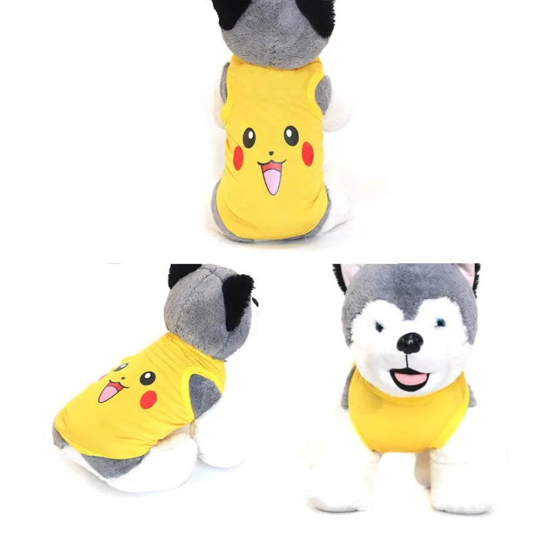 Cute Pikachu dog shirt in yellow featuring a smiling Pikachu design for pets