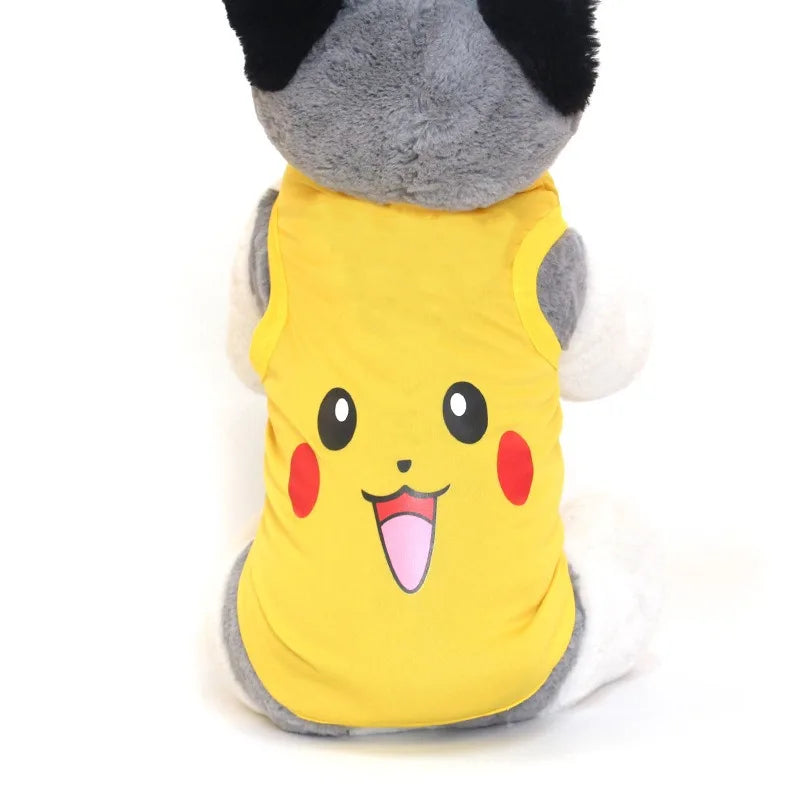 Pikachu dog shirt in bright yellow featuring Pikachu's happy face for playful pets