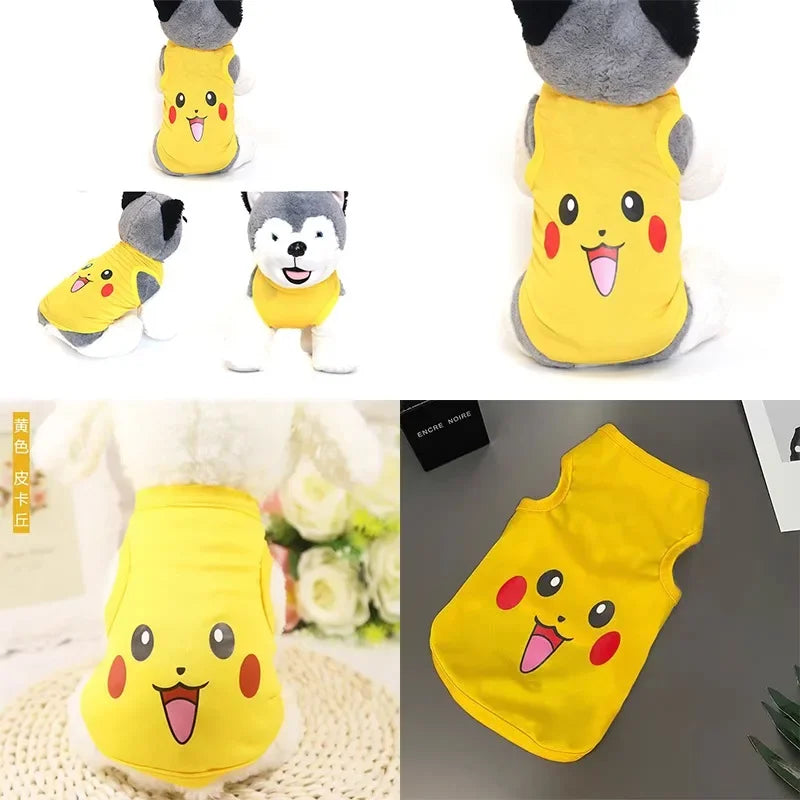 Cute Pikachu dog shirt in yellow featuring Pikachu's face, perfect for pet lovers
