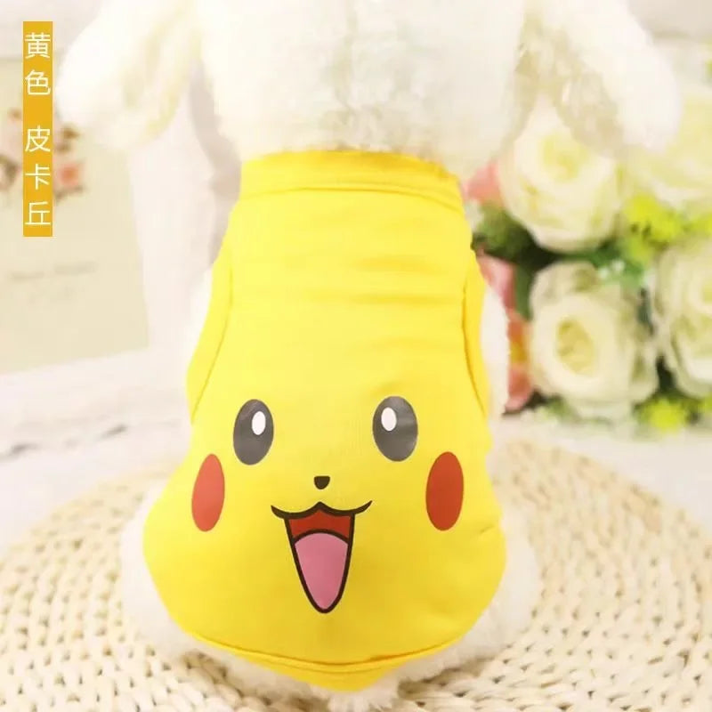 Cute Pikachu dog shirt in yellow featuring a smiling Pikachu face for your pet