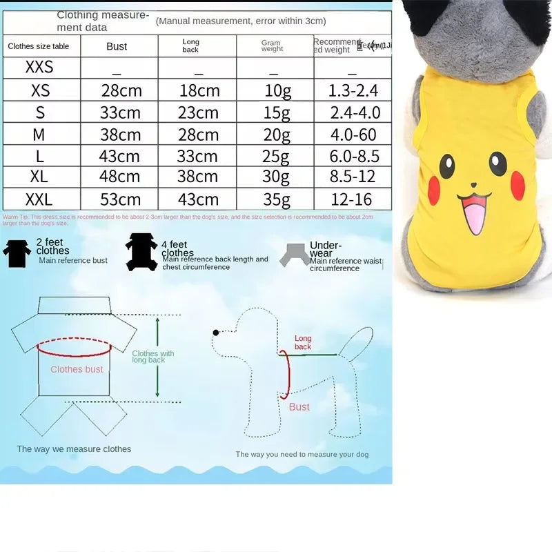 Pikachu dog shirt in yellow with a cute cartoon design, perfect for pet lovers and stylish pups