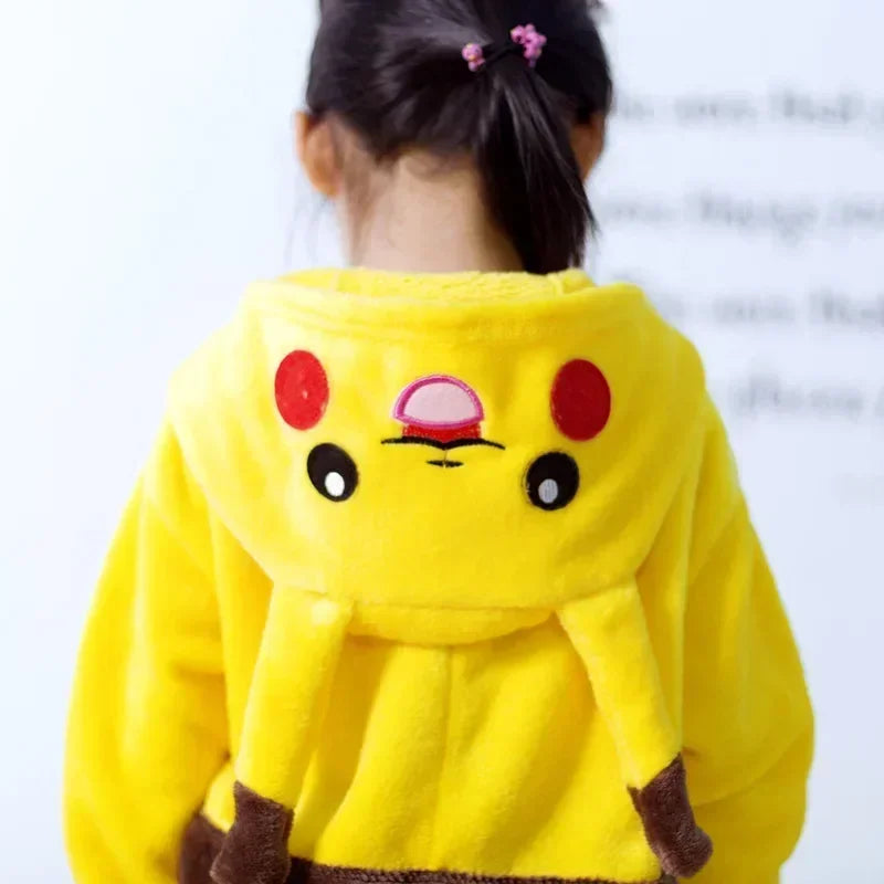 Back view of a yellow Pikachu flannel onesie kids with character hood and playful design