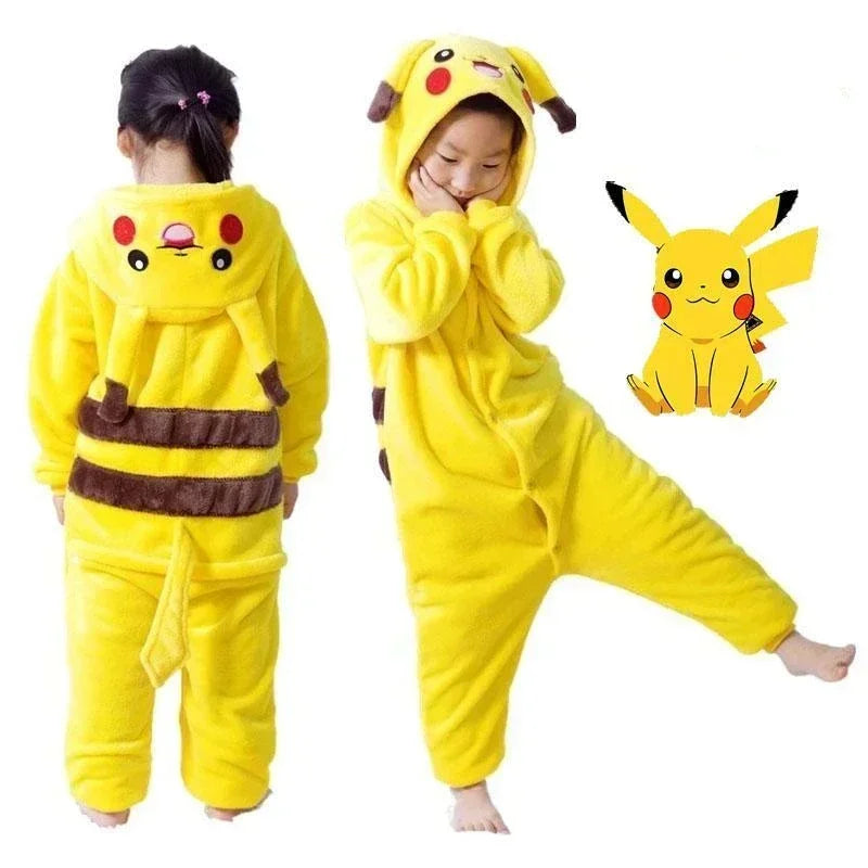 Pikachu flannel onesie kids in bright yellow with hood and tail for playful comfort