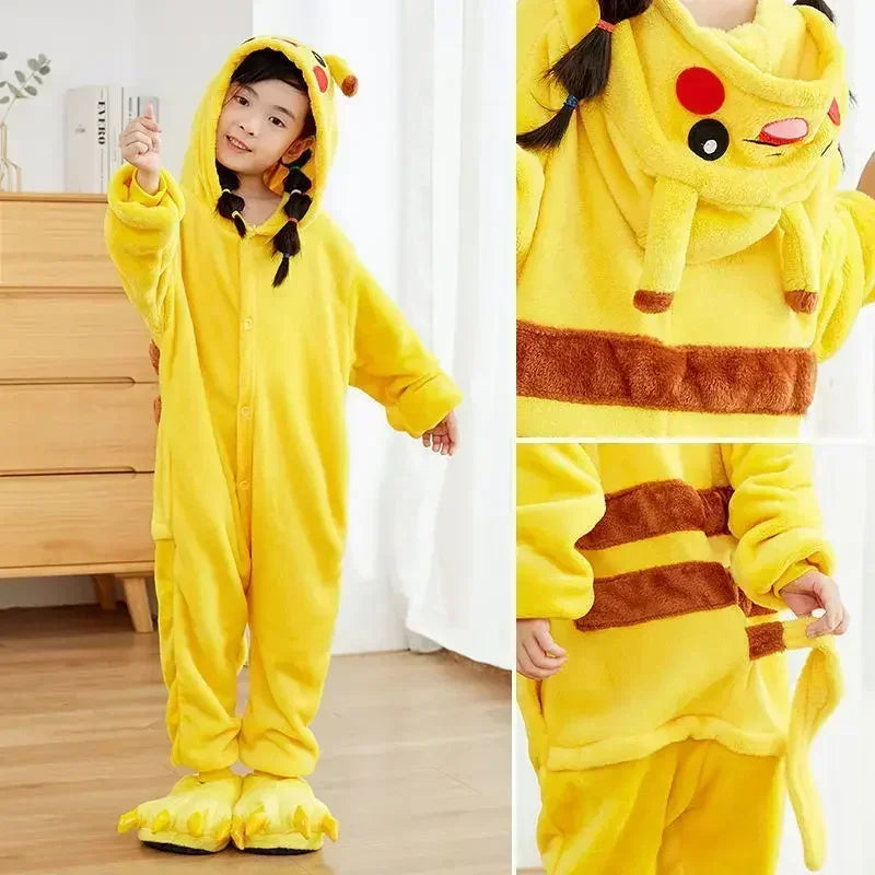 Pikachu flannel onesie kids with a cozy hood and playful design for fun and comfort