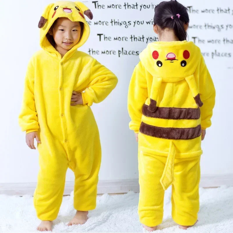 Pikachu flannel onesie kids in bright yellow with cute hoodie and tail detail