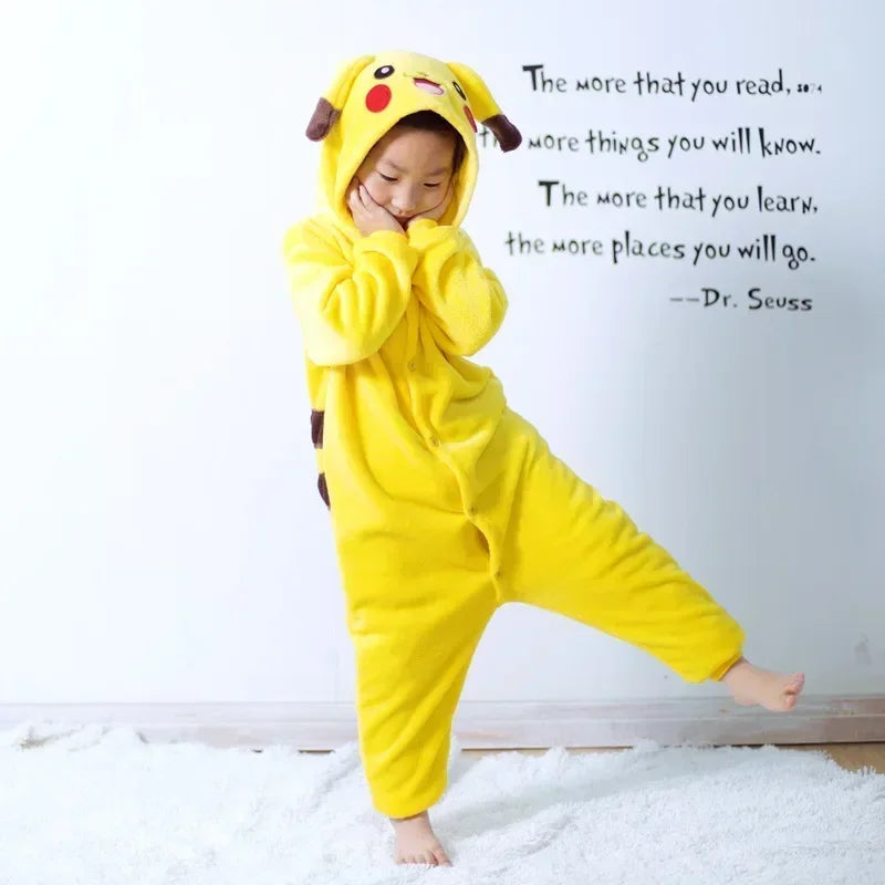 Kids wearing a cute Pikachu flannel onesie kids with a hood and cheerful design