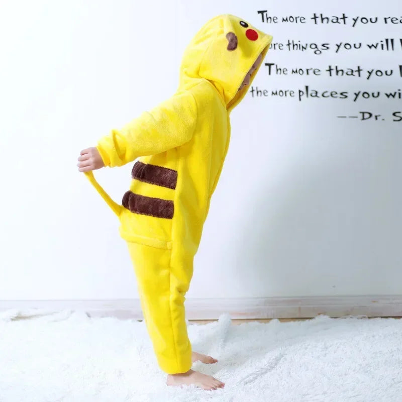 Pikachu flannel onesie kids in bright yellow with a cute hood and tail for warmth and comfort