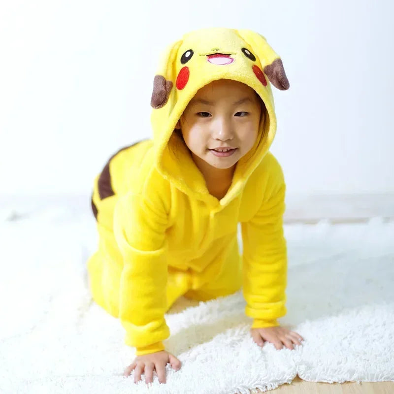 Kids wearing Pikachu flannel onesie kids featuring a hood with Pikachu face and soft, cozy fabric