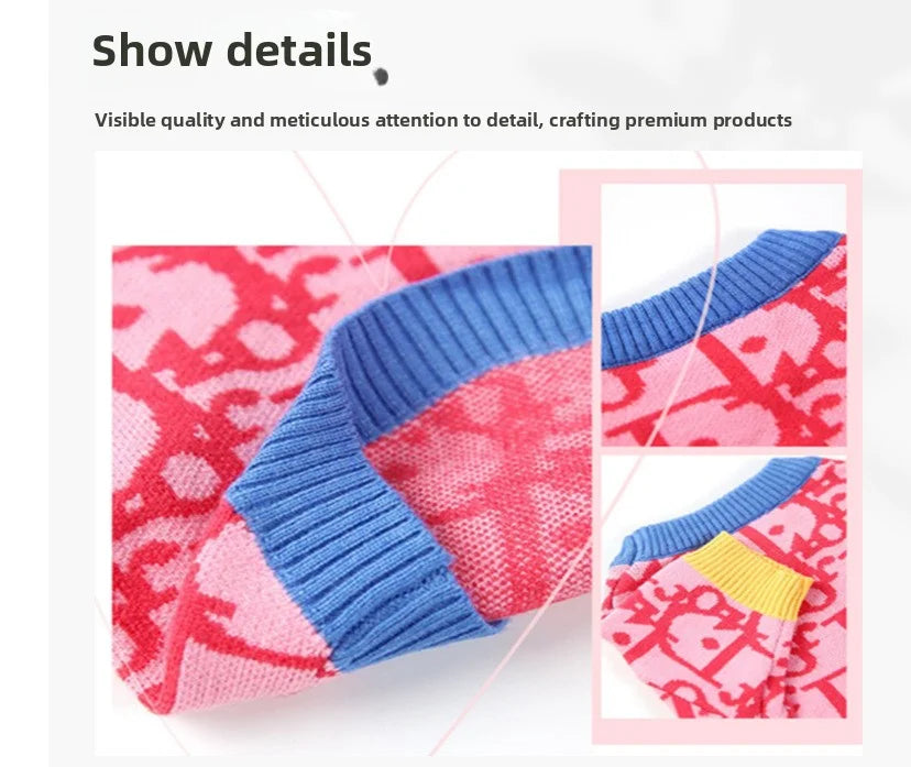 Close-up of a pink dog sweater for small dogs featuring colorful patterns and ribbed collar